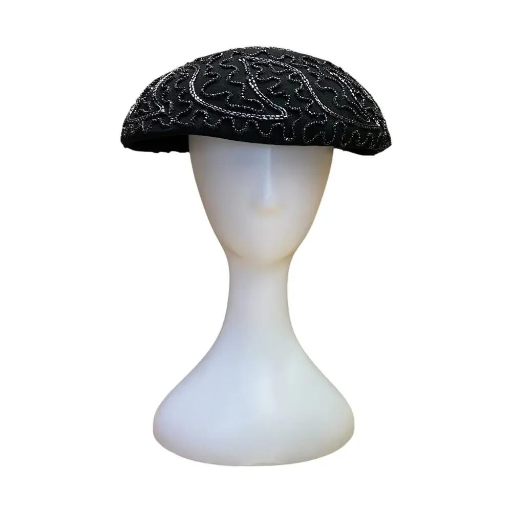 1940s Black Beaded Calot Hat Pinehurst Fifth Ave Cocktail Hat - Picture 2 of 9